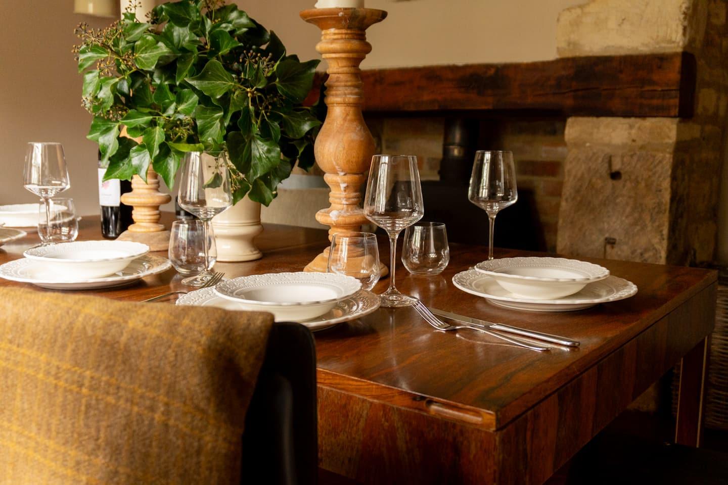 Dining table by the fireplace